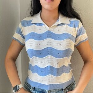 Baby blue & white knit polo shirt